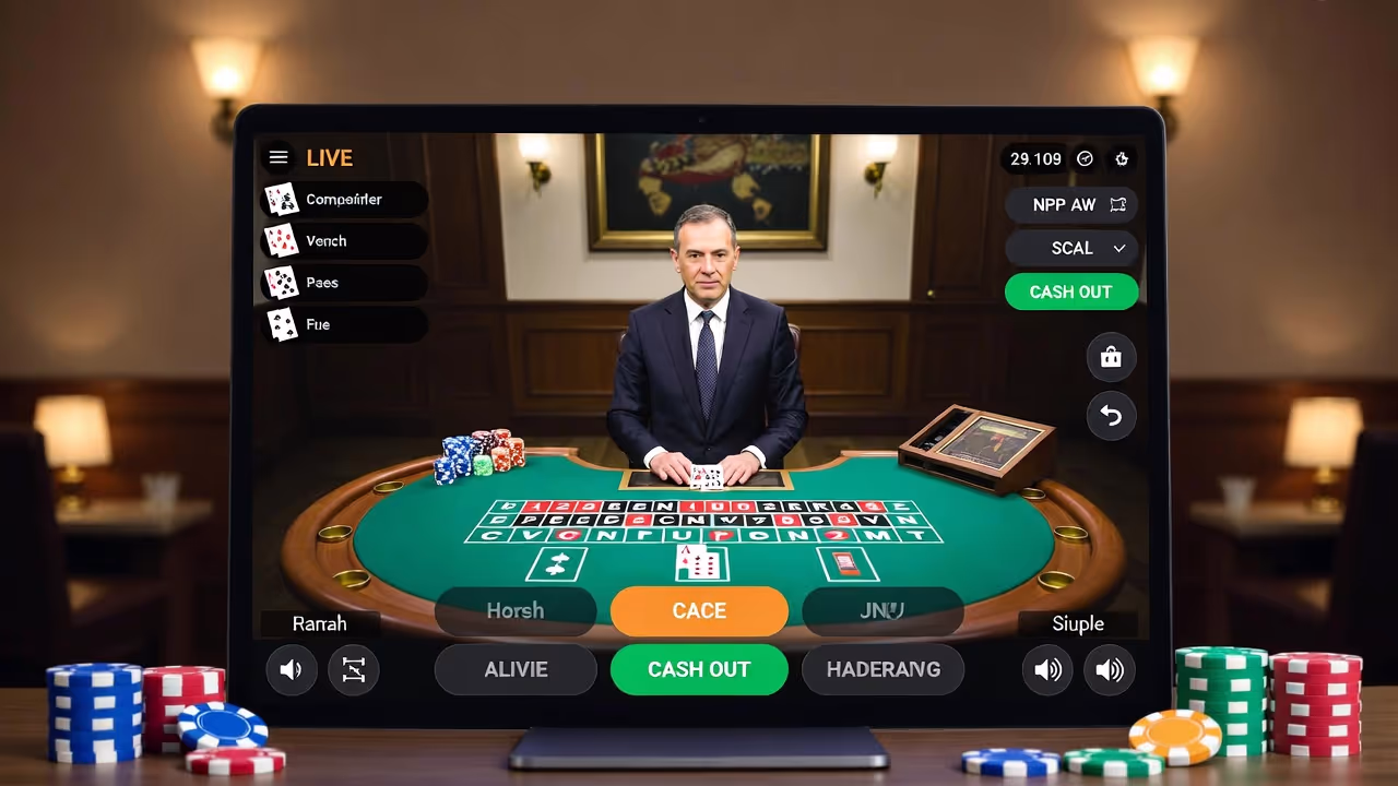 Professional live dealer at a casino table with players watching the stream in warm lighting